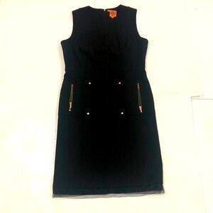Tory Burch 12 Dress Black Wool Sleeveless Gold Zipper Pockets & Design Excellent